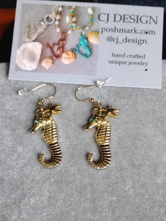 Hand Crafted Jewelry - Gold Seahorse Earrings with Turquoise Accent